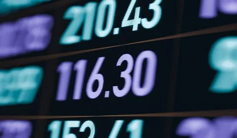  Extreme close-up data and numbers on a digital screen, sides are blurred.... Stock Photos