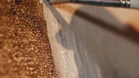 Extreme close up of drawing paint brush on canvas. Fine art, hobby and art Stock Footage 147039617