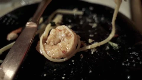 Extreme Close up Fork putting pasta down shrimp on plate NYC 4K Video stock 255755574