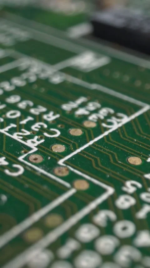 Extreme close-up of green Printed Circuit Board Electronics shot with dolly Stock Footage 284875170