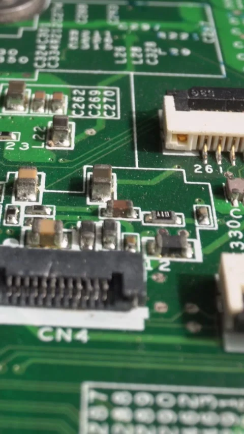 Extreme close-up of green Printed Circuit Board Electronics shot with dolly Stock Footage 285345718
