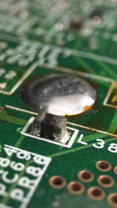 Extreme close-up of green Printed Circuit Board Electronics shot with dolly Stock Footage 288866760