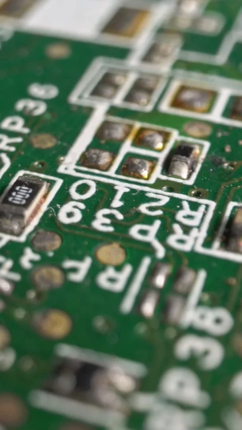 Extreme close-up of green Printed Circuit Board Electronics shot with dolly Stock Footage 289307515