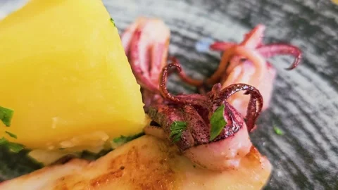 Extreme close up of grilled squid with tender tentacles, golden boiled potato Stock Footage 336630409