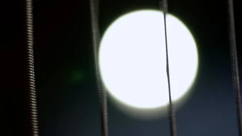 Extreme Close-Up of Guitar Strings Vibrating in the Background of a Bright Beam, Video stock 159304677