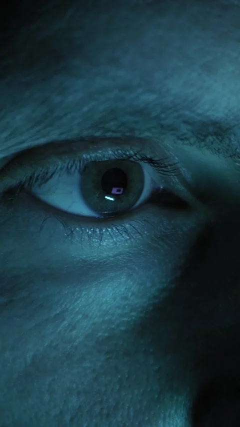 Extreme Close Up Of Human Eye Blinking With Blue Screen Reflection Stock Footage 327558842