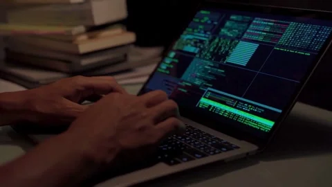 Extreme close-up human hands. Side view. Cyber security close-up Coder 库存影片 334585935