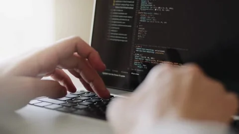 Extreme close-up human hands. Side view. Cyber security close-up Coder 스톡 동영상 334586081