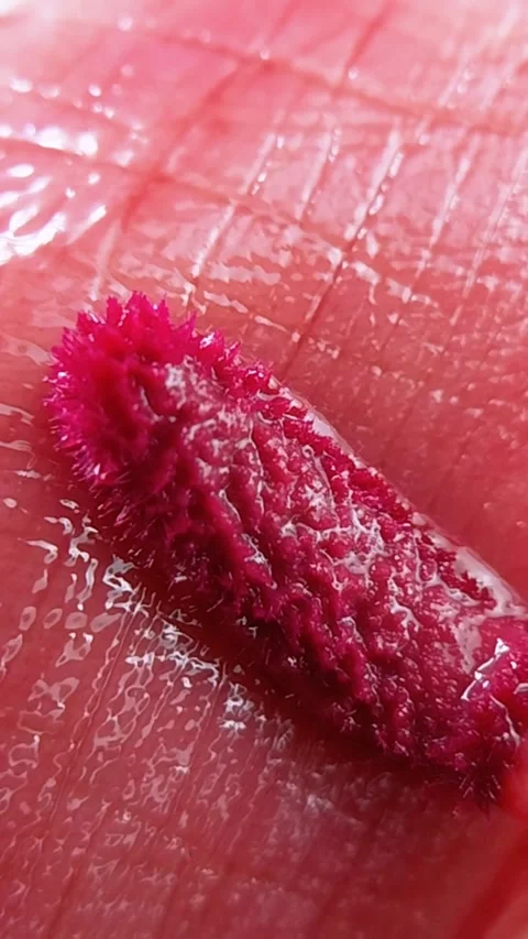 Extreme close up of lip skin surface being applied with pink lip tint liqui.. Stock Footage 339566733