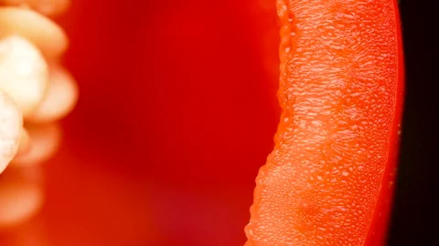 Extreme Close Up Macro Red Bell Pepper Cross Section Texture Black Background Stock Footage 325561115