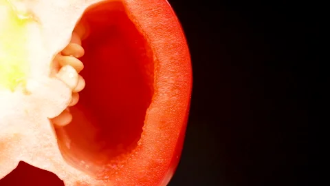 Extreme Close Up Macro Red Bell Pepper Cross Section Texture Black Background Stock Footage 325561123