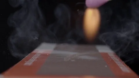 Extreme close up of a match being lit. Filmed in super slow motion. Macro lens. Stock Footage 75656437
