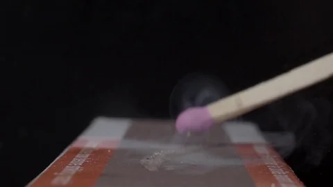 Extreme close up of a match being lit. Filmed in super slow motion. Macro lens. Stock Footage 75656456