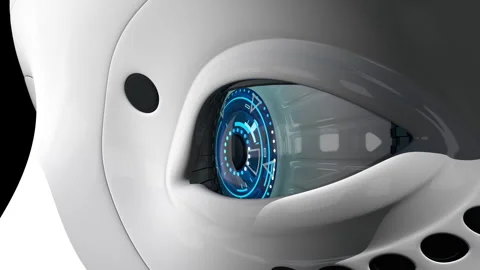 Extreme close-up of moving and blinking blue eye of humanoid robot 스톡 동영상 248707171