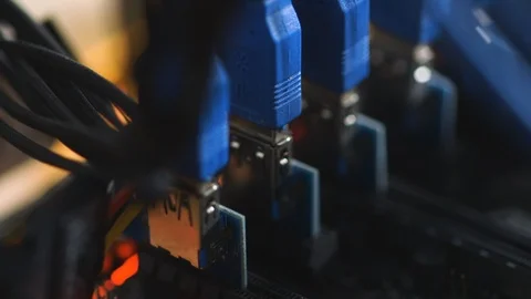 Extreme close up on network server port connections Stock Footage 123884428