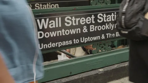 Extreme Close Up Panning Shot of Wall Street Station Subway Entrance with Many Stock Footage 344073273