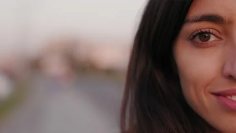 Extreme Close up Portrait of half face of young brunette woman at the suburb Stock-Footage 206694999