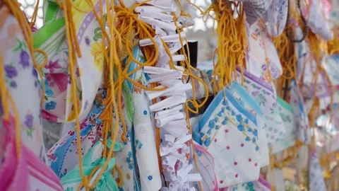 Extreme Close Up of Rolled Prayer Notes Tied at Velankanni Church Stock Footage 340002000