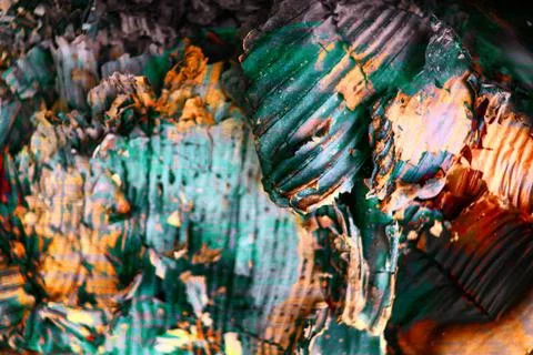 Extreme close-up of rough, twisted bark with metallic-like shine in green Stock Photos