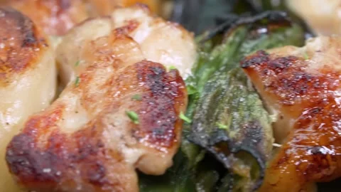 Extreme Close-Up of Sizzling Grilled Chicken Yakitori Skewers with Scallions Stock Footage 337440796