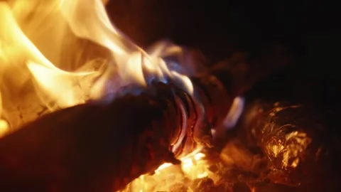 Extreme Close-Up Slow Motion of Burning Firewood in a Stove Stock Footage 342382501