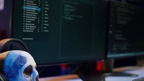 Extreme close up of software interface on PC screens showing lines of code Stock Footage 275861768