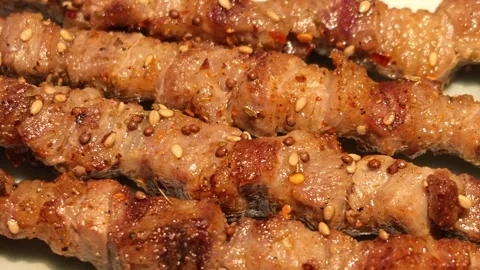 Extreme Close-up of Spiced Grilled Meat Skewers Resting on Ceramic Plates Vidéo 344853096