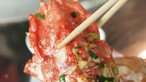 Extreme Close-Up of Stir-Fried Mantis Shrimp with Crispy Garlic and Green Scalli Stock-Footage 344223364