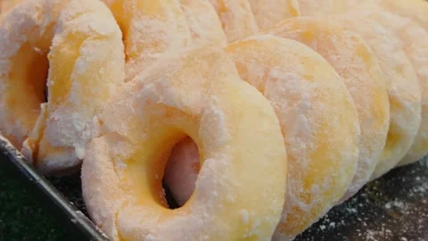Extreme Close-Up of Sugar Coated Donuts at Night Market in Phuket Video stock 324861706