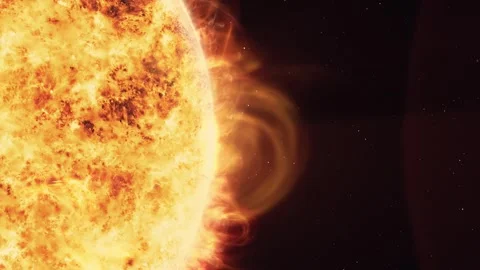 Extreme close up of the Sun burning surface with solar flares. View from Stock Footage 247541800
