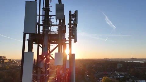 Extreme close up of telecom tower in golden dawn Stock Footage 341417952