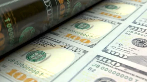 Extreme close up of US dollars press machine printing 100 USD banknotes Vídeos de archivo 123888416