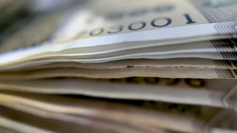 Extreme close up view of stack of old 500 Indian rupees bank notes stack. 스톡 동영상 319811940