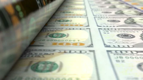 Extreme close up view of US dollars press machine printing 100 USD banknotes Stock Footage 124037296