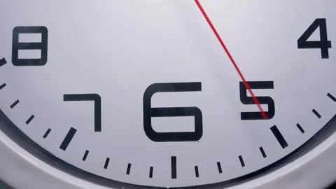 Extreme Close-Up of a White Clock With a Moving Red Second Hand Stock Footage 337791933