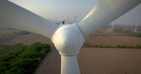 Extreme close up of a wind turbine generating electricity. Stock Footage 75739965