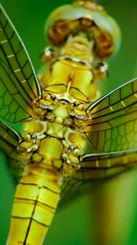 Extreme close-up of a yellow dragonfly resting on a green background. Stock Footage 321655188