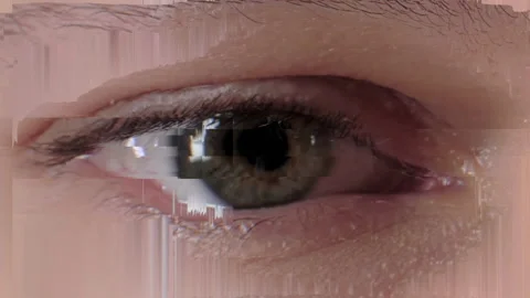 Extreme closeup blinking human eye multicolored pixel glitch effect connection Stock Footage 196180663