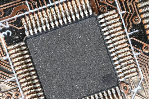 Extreme closeup computer board chip copy space brown computer board extrem... Stock Photos