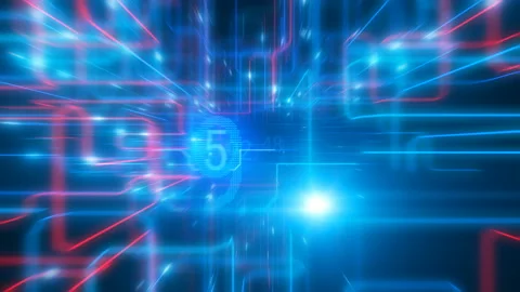 Extreme Fast Flight Inside CPU with Running Impulses on Tracks. Digital Code Stock Footage 94115992