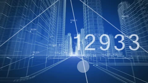 Extreme Fast Flight Through Modern City Digital 3d Blueprint with Network Stock Footage 91045081