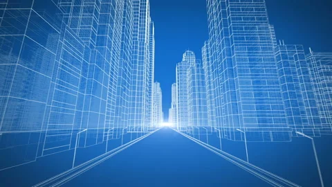 Extreme Fast Moving Through Modern City Digital 3d Blueprint. Running to the Video stock 90660593