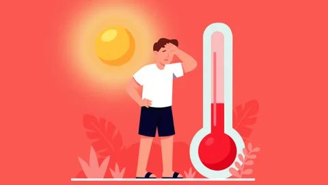 Extreme Heatwave with Thermometer and Exhausted Man Under Hot Sun Animation Stock-Footage 338037345
