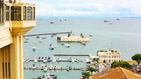 Extreme long shot of All Saints Bay in Salvador from the Lacerda Elevator Stock Footage