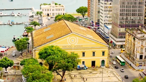 Extreme long shot of the Mercado Modela from the Lacerda Elevator Stock Footage