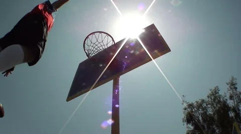 Extreme low angle slow motion clip of basketball player dunking on outdoor rim Stock-Footage 45116155