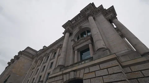 Extreme low-angle view of the Reichstag corner tower with sandstone columns Stock Footage 346238396