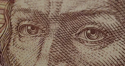 Extreme macro of Andrew Jackson's eyes on a twenty dollar bill Stock Footage 345519299