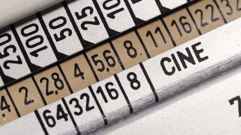 Extreme Macro Of Cine Aperture Scale On Vintage Light Meter Stock Footage 332622827
