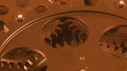 Extreme Macro Close-Up of Bronze Interlocking Metal Gears Stock Footage 341610742